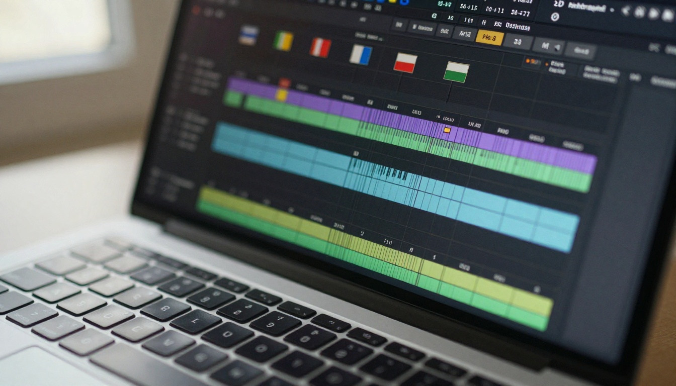 Laptop displaying colorful multi-track audio waveform editing interface
