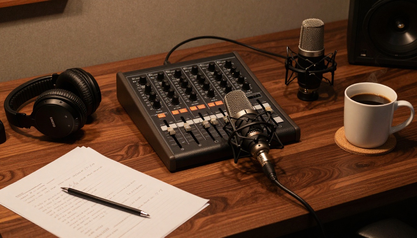 Studio desk flat-lay with microphone, mixing board, and handwritten voice script papers