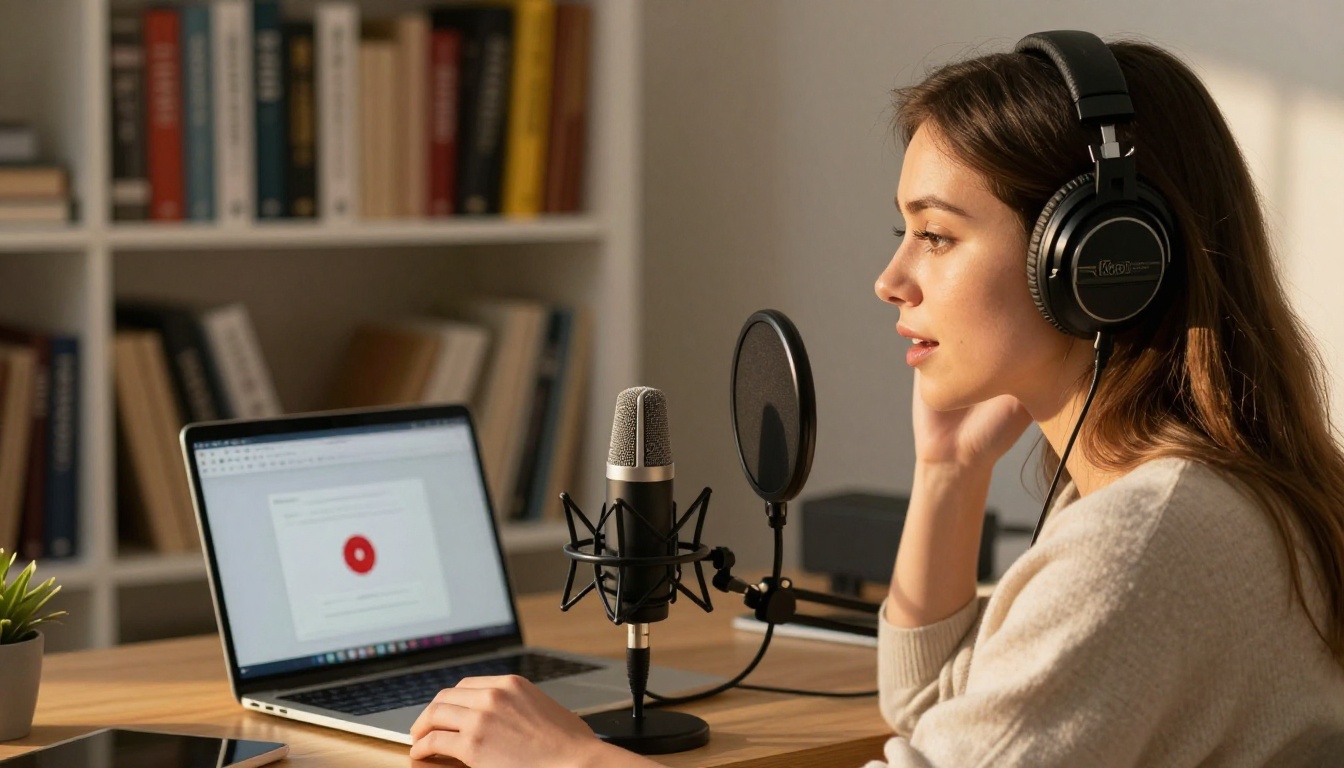 Woman recording voice prompts at home office setup