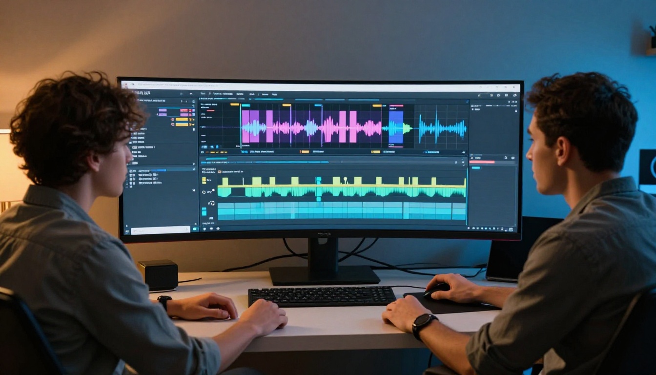 Three diverse content creators reviewing colorful audio waveforms on a large curved monitor at an edit bay