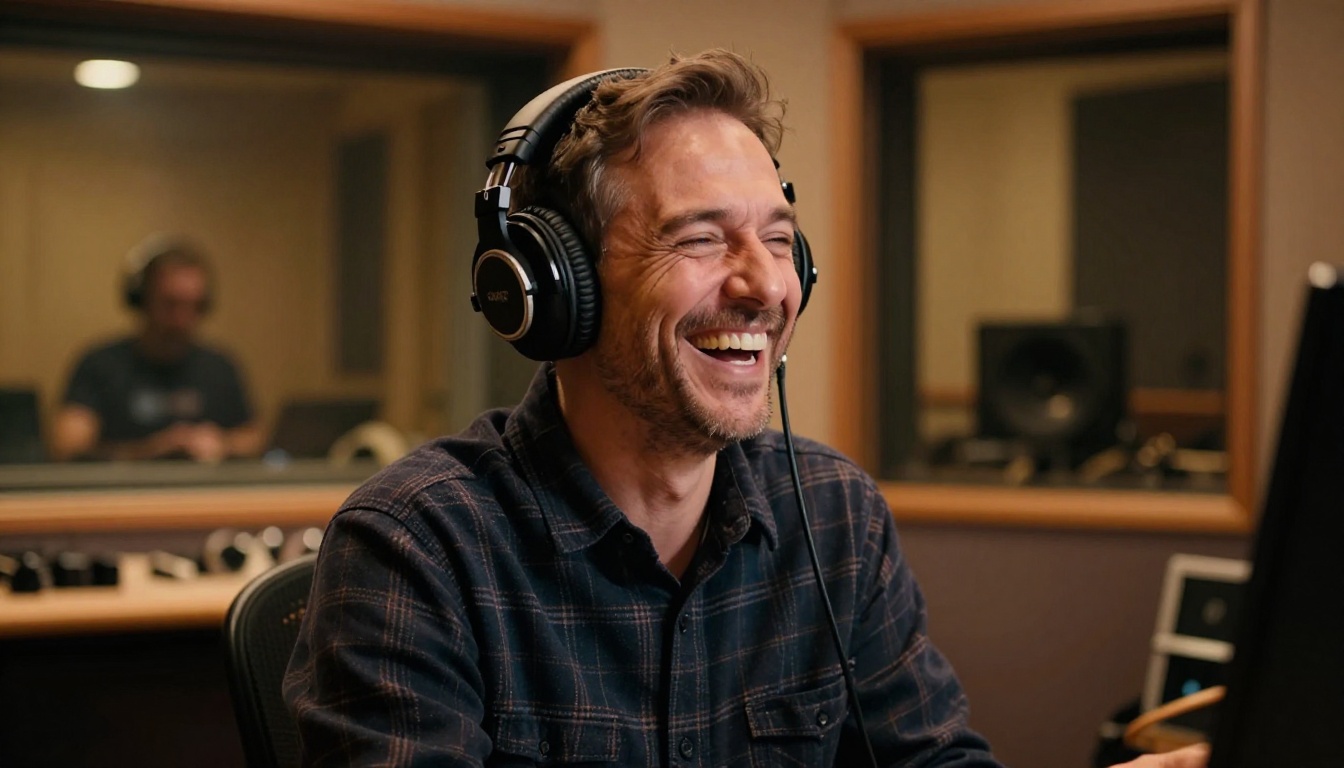 A man laughing authentically in professional studio headphones in a warm recording booth