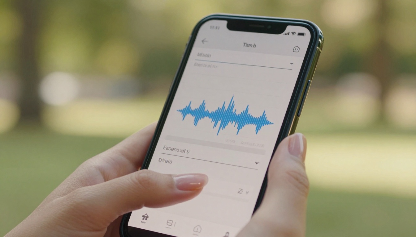 Close-up of smartphone displaying audio player with language selection dropdown, held outdoors with park bokeh background