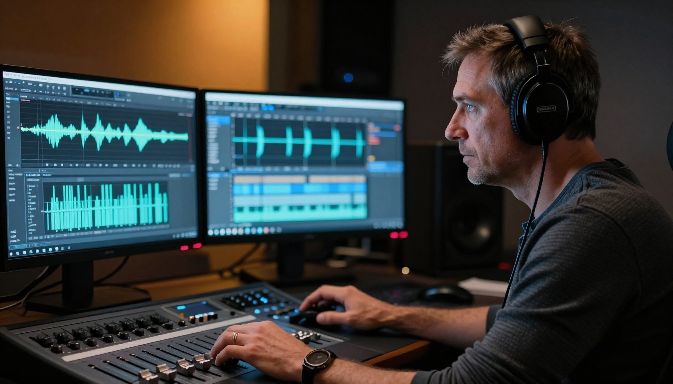 Audio engineer at dual monitors studying TTS waveform tracks in a control room