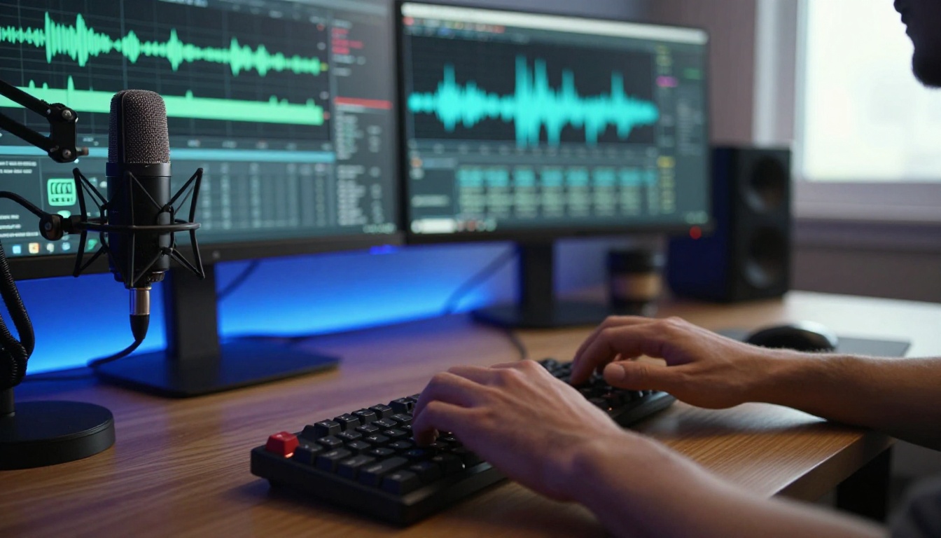Game developer working at a computer with audio waveforms