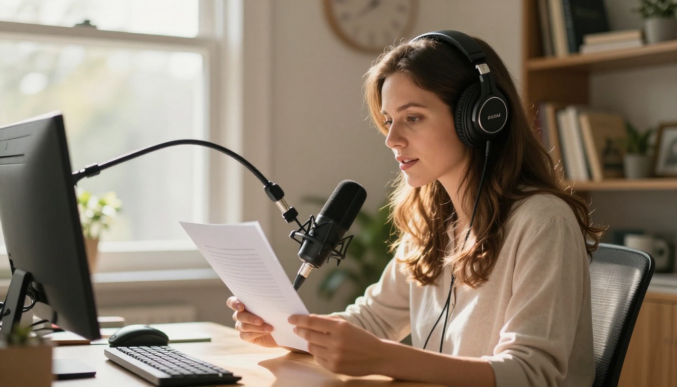Woman sitting at bright home office desk recording into USB microphone with natural window rim light