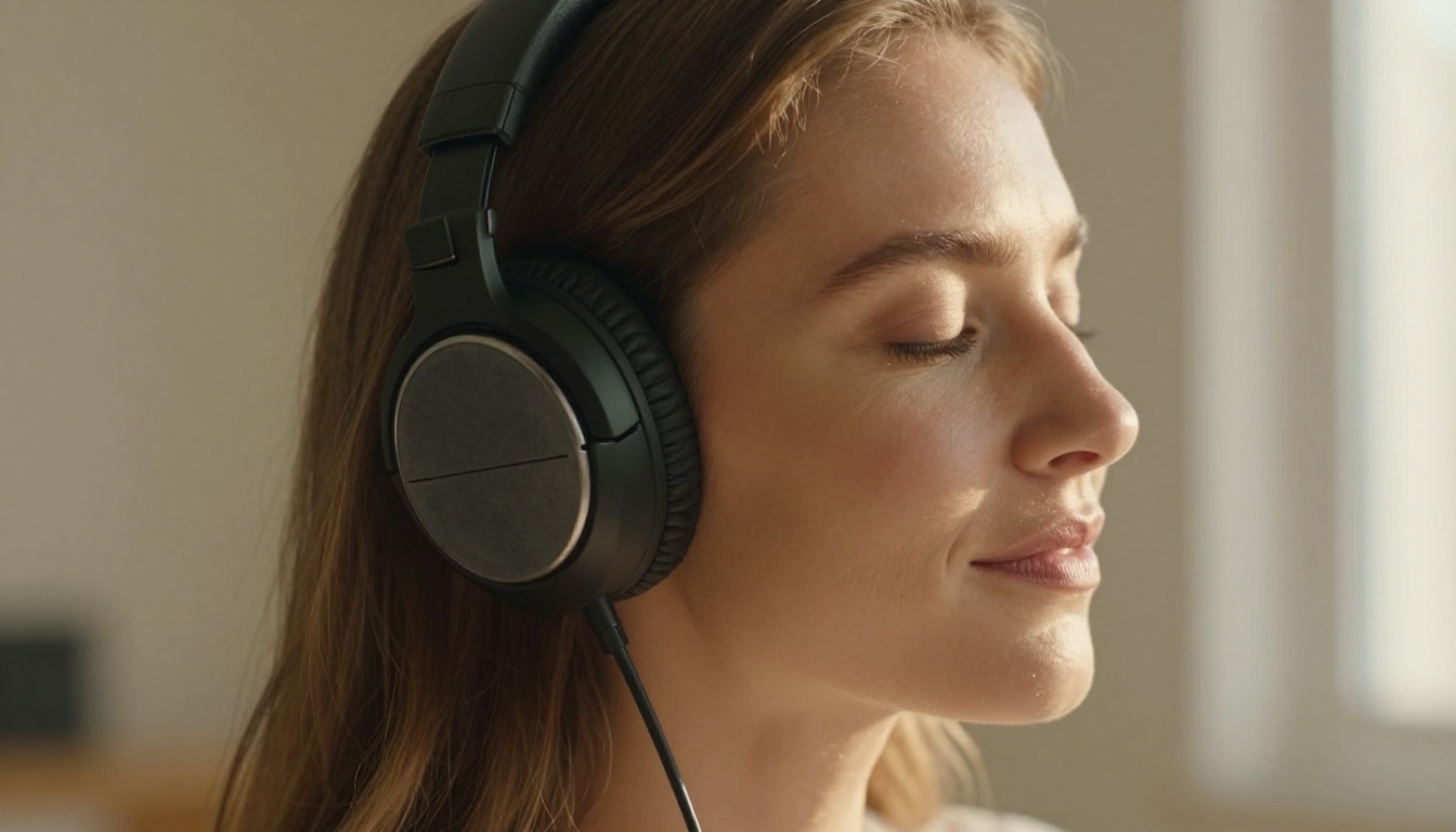 A woman listening deeply to audio through studio headphones in warm golden afternoon light