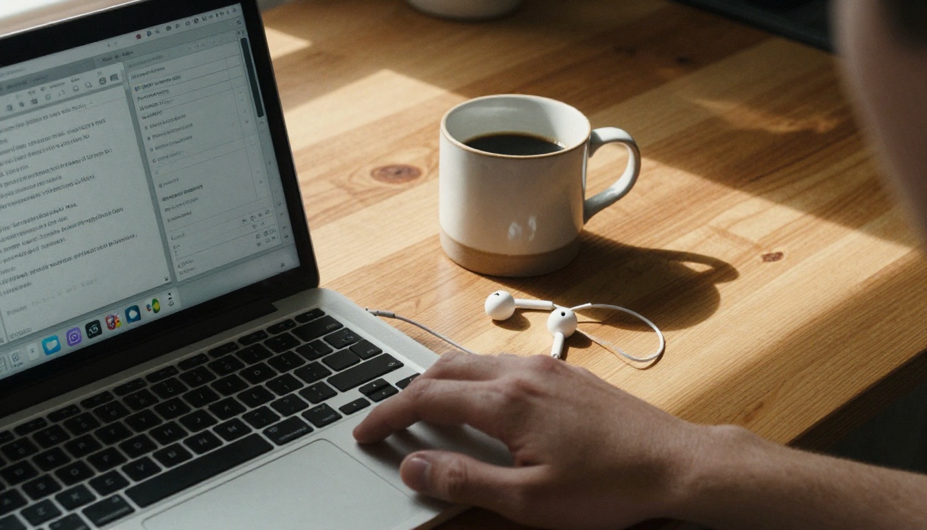 Laptop showing TTS software interface with coffee on wooden table