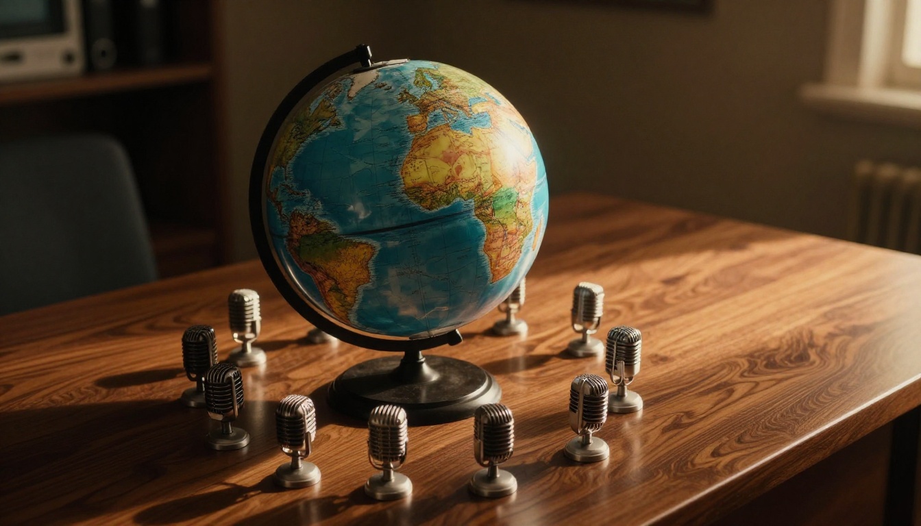 Photorealistic globe on dark walnut desk surrounded by vintage microphones with warm amber directional lighting
