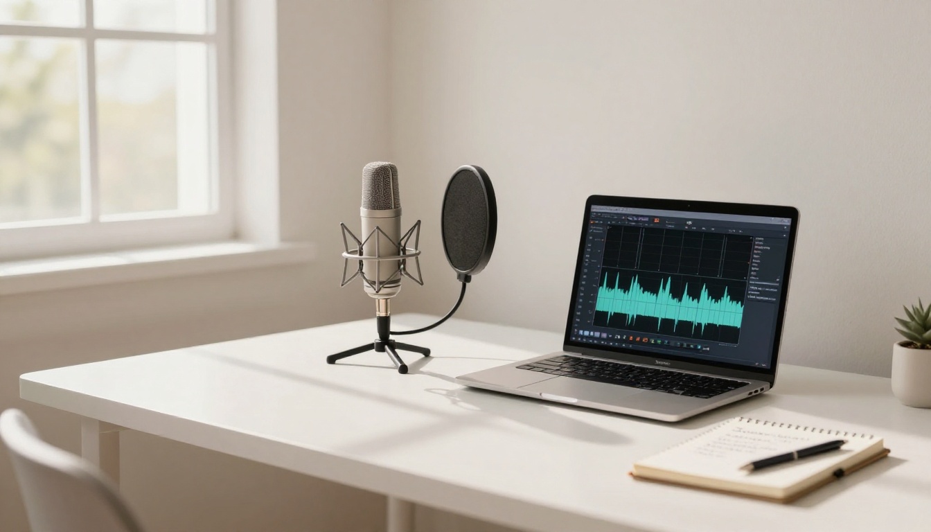 A woman recording audio at a minimal home studio setup near a bright morning window