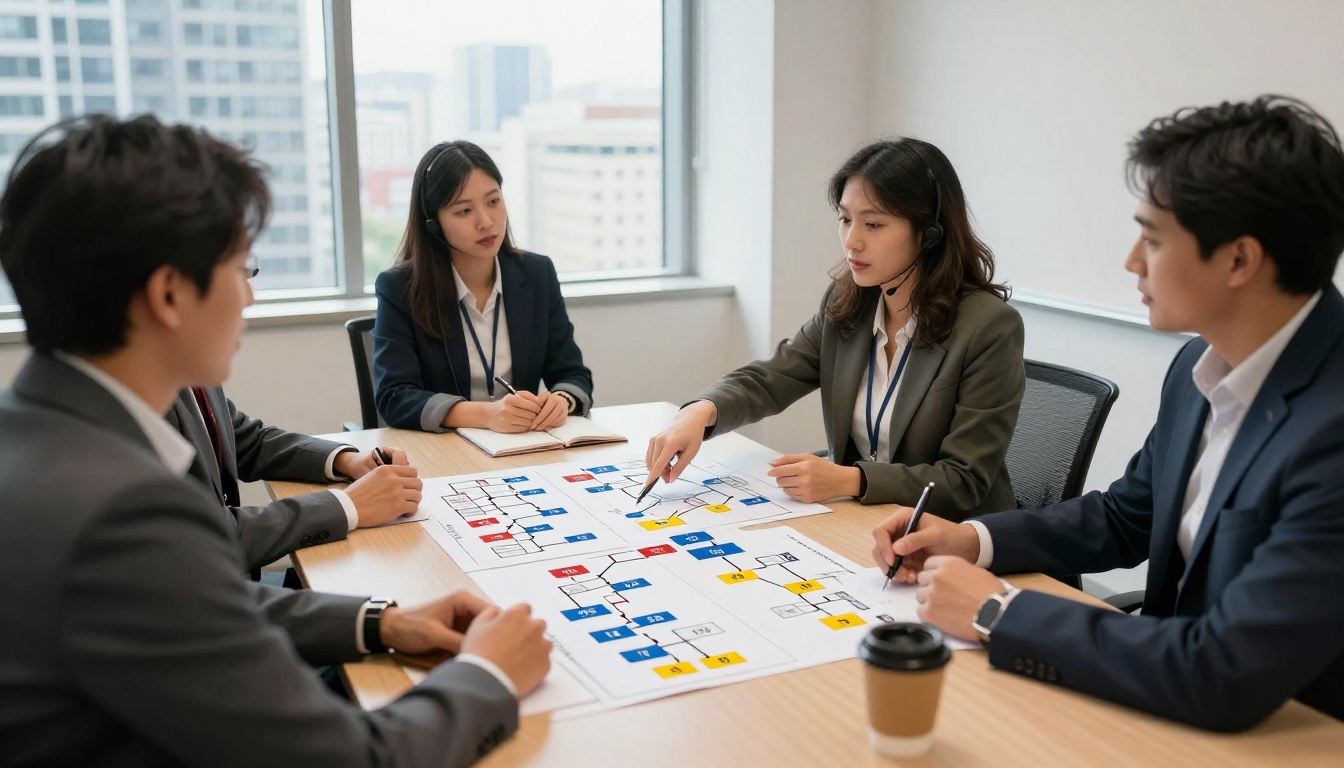 Customer service team reviewing IVR flow diagrams in conference room
