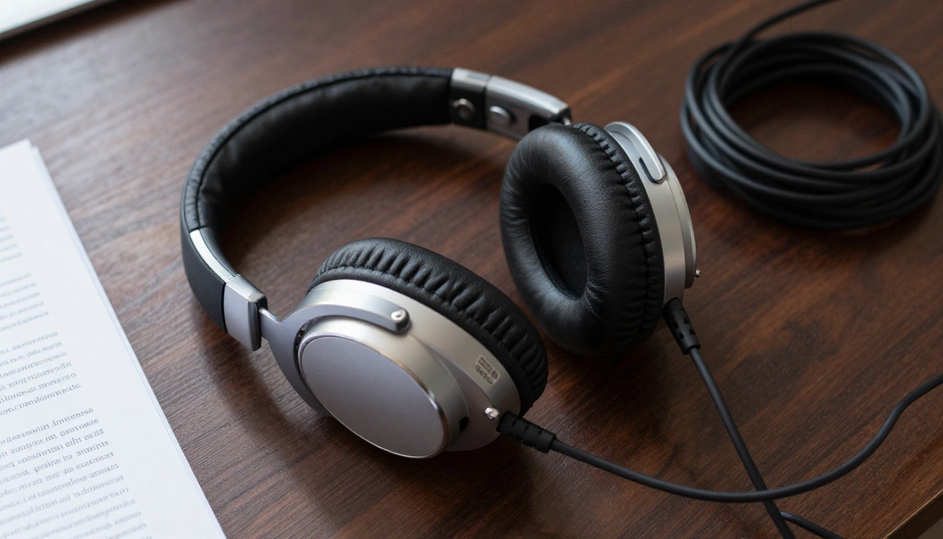 High-angle flat-lay of studio headphones on dark wood with Spanish printed script partially visible underneath