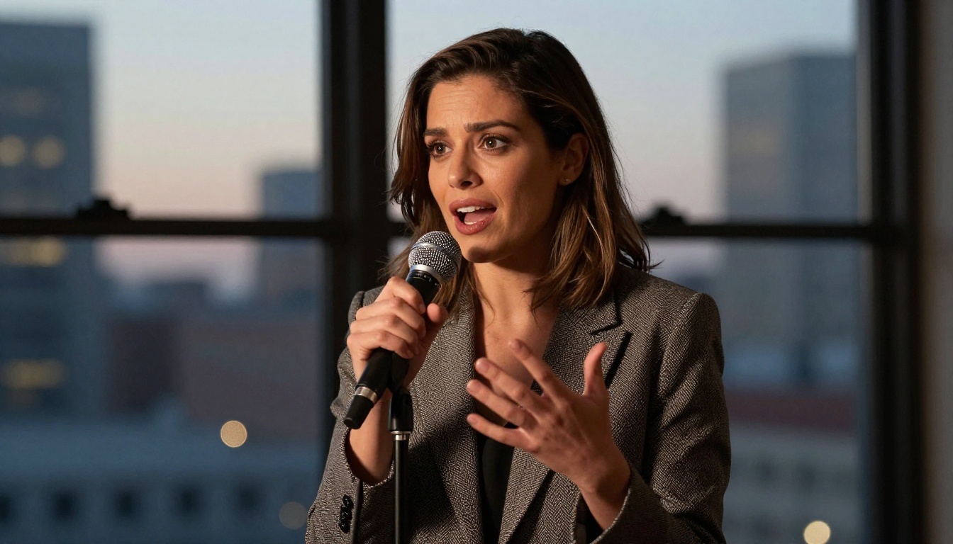 A woman speaking expressively into a broadcast microphone with soft city lights bokeh behind her