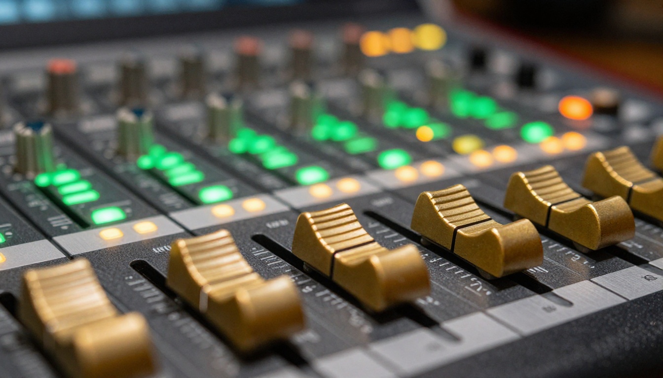 Audio mixing console with professional faders and VU meters