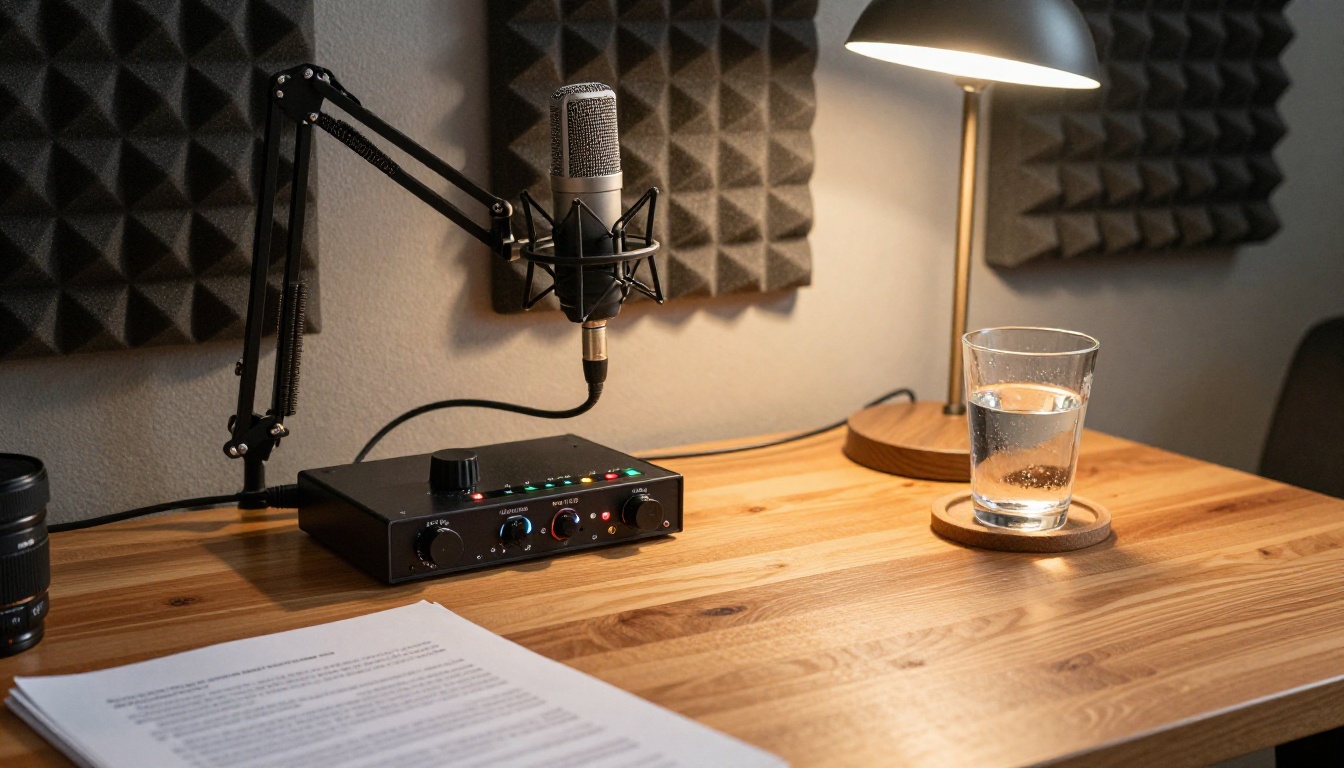 Professional podcast-style recording setup with microphone and script