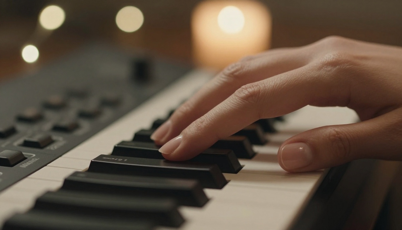 Hands resting on MIDI controller keys in warm ambient candlelight