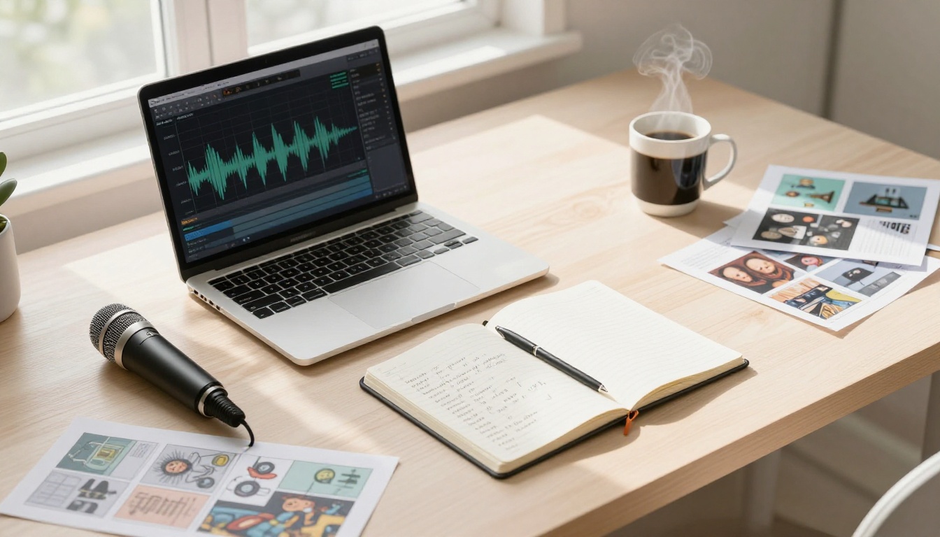Developer's desk workspace with laptop, microphone, and game concept art notes