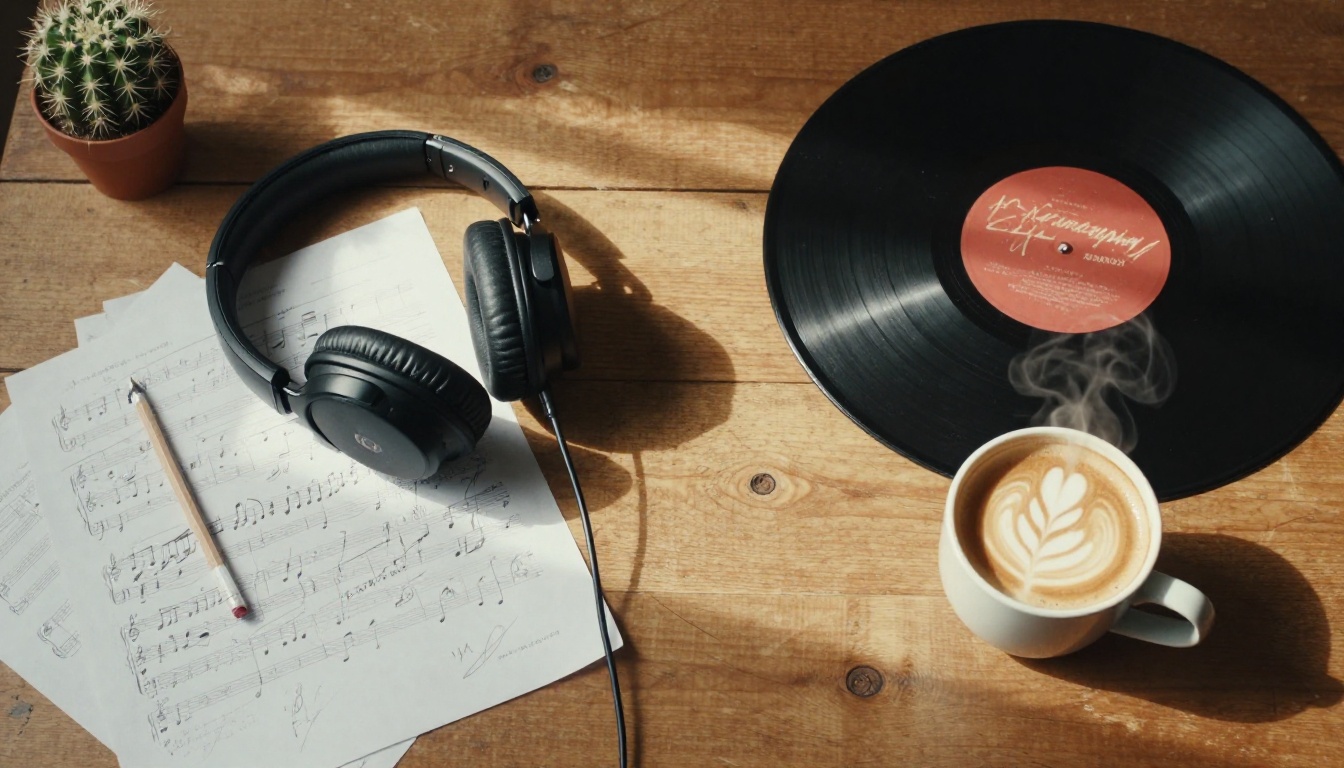 Overhead flat-lay of headphones, vinyl record, coffee cup and handwritten music notes on a wooden desk