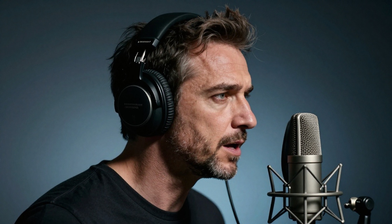 Male voice actor delivering intense character dialogue into a professional studio microphone