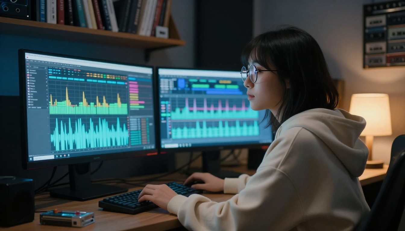 Focused young woman at dual monitors with colorful audio waveforms in a dim home studio