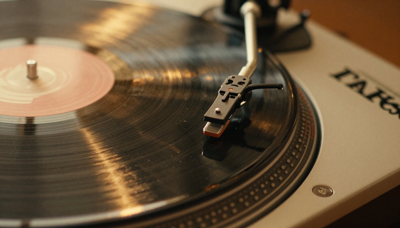 Vintage Technics turntable with vinyl record in warm golden sunlight, needle in sharp focus