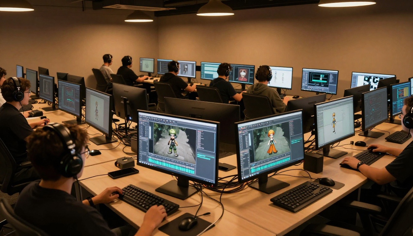 Modern game development studio with workstations and dual monitors showing character models