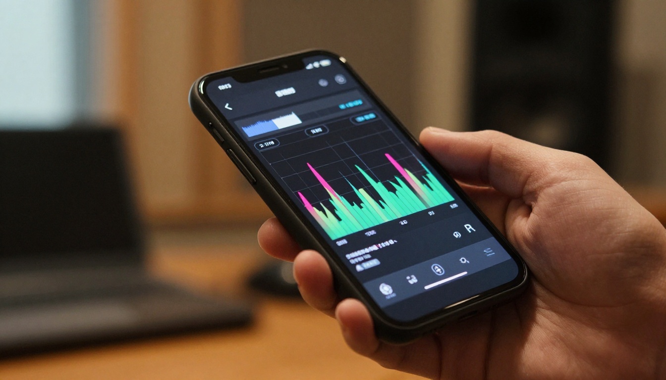 Smartphone displaying audio waveform visualization in a recording studio setting