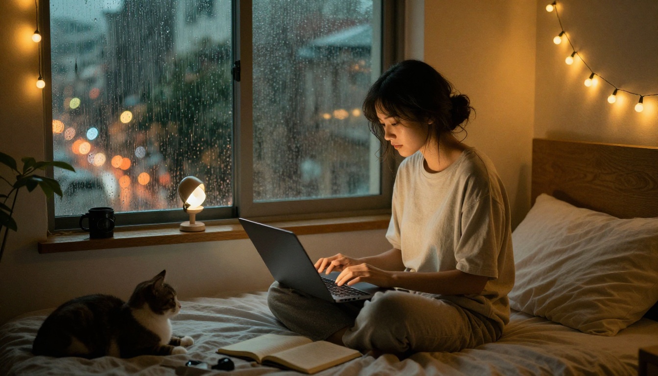 Cozy bedroom at night with rain on the window, fairy lights and warm lamp, woman on bed with laptop
