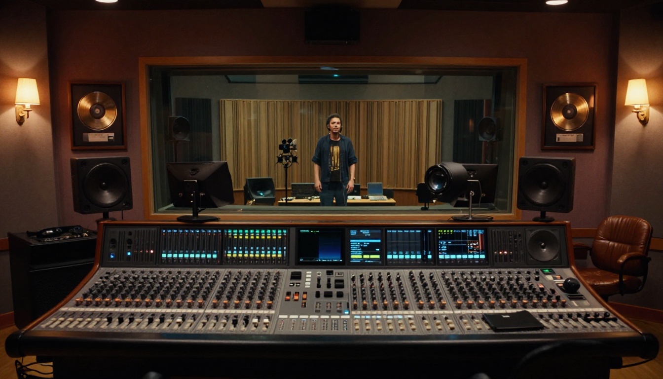 Professional recording studio control room with mixing console and view into live recording space