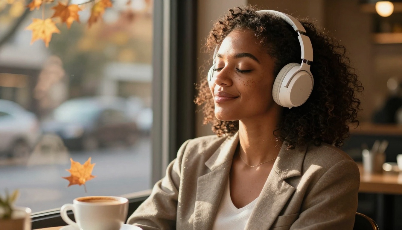 Young Black woman with white headphones relaxing in a warm autumn cafe window seat