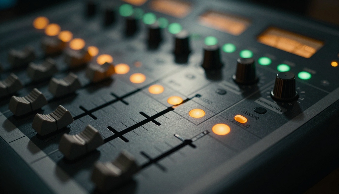 Close-up of professional analog mixing console with glowing VU meters and warm LED indicators