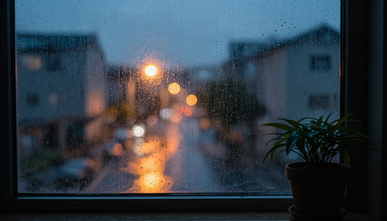 Rain and condensation covering apartment window with blurred orange and yellow city lights bokeh below