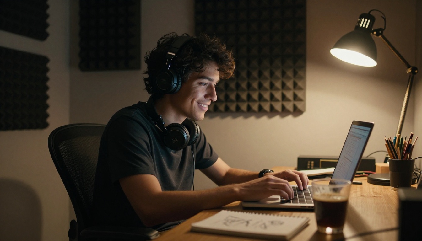 Young music producer satisfied at laptop in dim home studio with acoustic foam panels behind