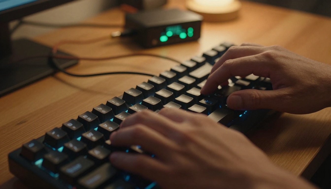 Close-up of a musician's hands typing a creative music prompt on a backlit mechanical keyboard with audio cables visible in the background