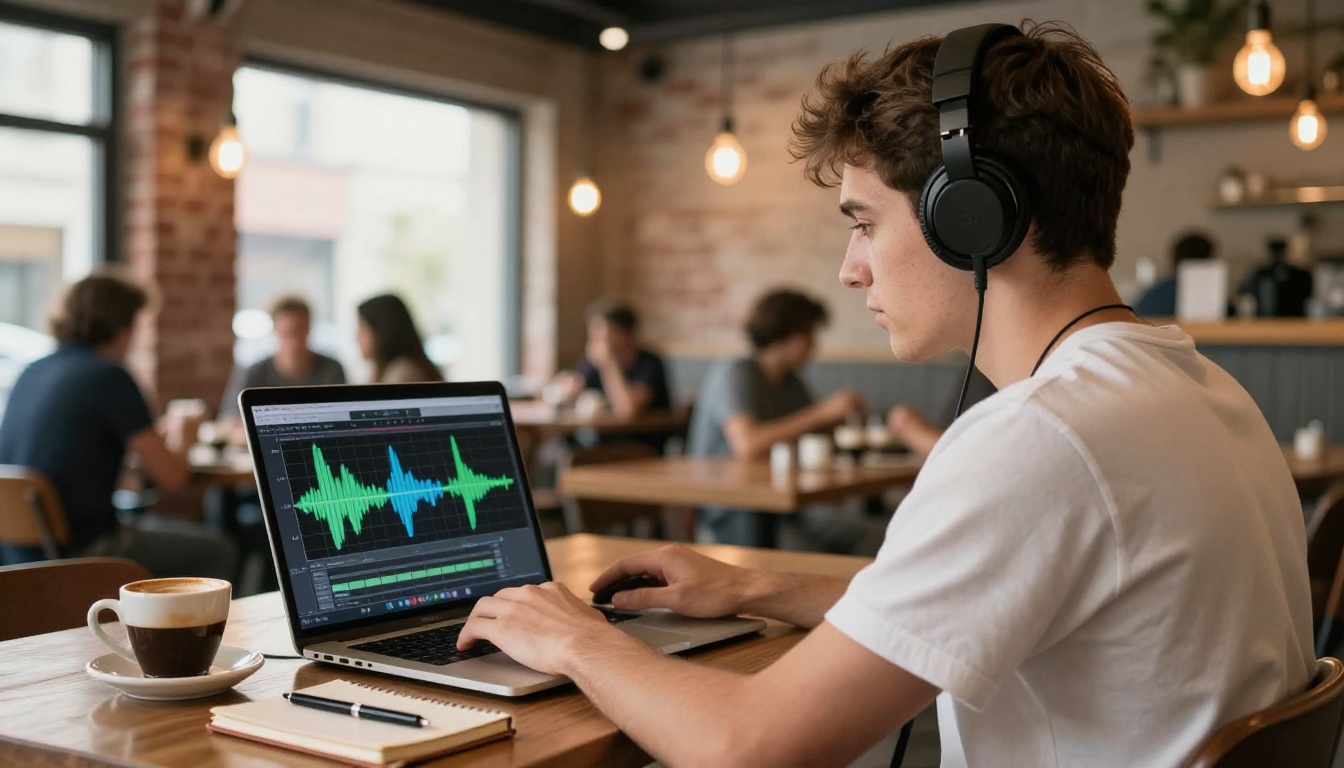 A young male musician with headphones reviewing audio waveforms on a laptop in a coffee shop with warm ambient lighting