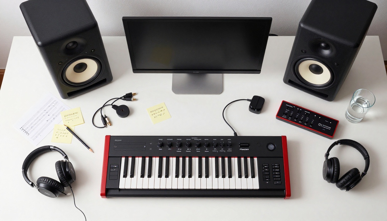 Overhead view of a professional music production workstation with MIDI keyboard, studio monitors, and audio interfaces on a white desk