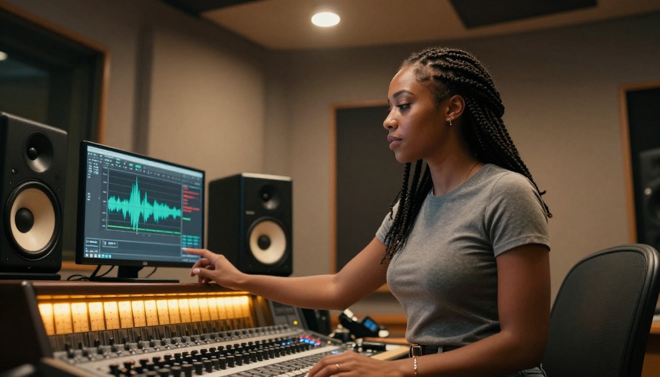 A professional female audio engineer with box braids adjusting studio monitor speakers in a professionally treated recording studio