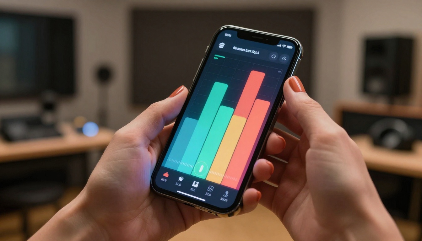 A smartphone held in a woman's hand displaying a colorful AI music generation app interface with vertical frequency bars mid-playback