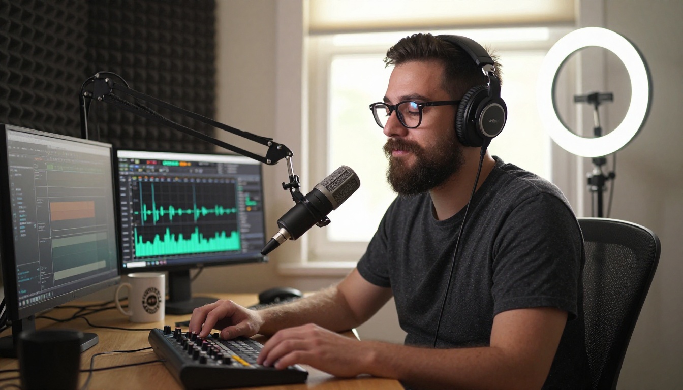 A podcast host with beard and glasses sitting at a Shure SM7B microphone with headphones, listening with eyes closed to background music