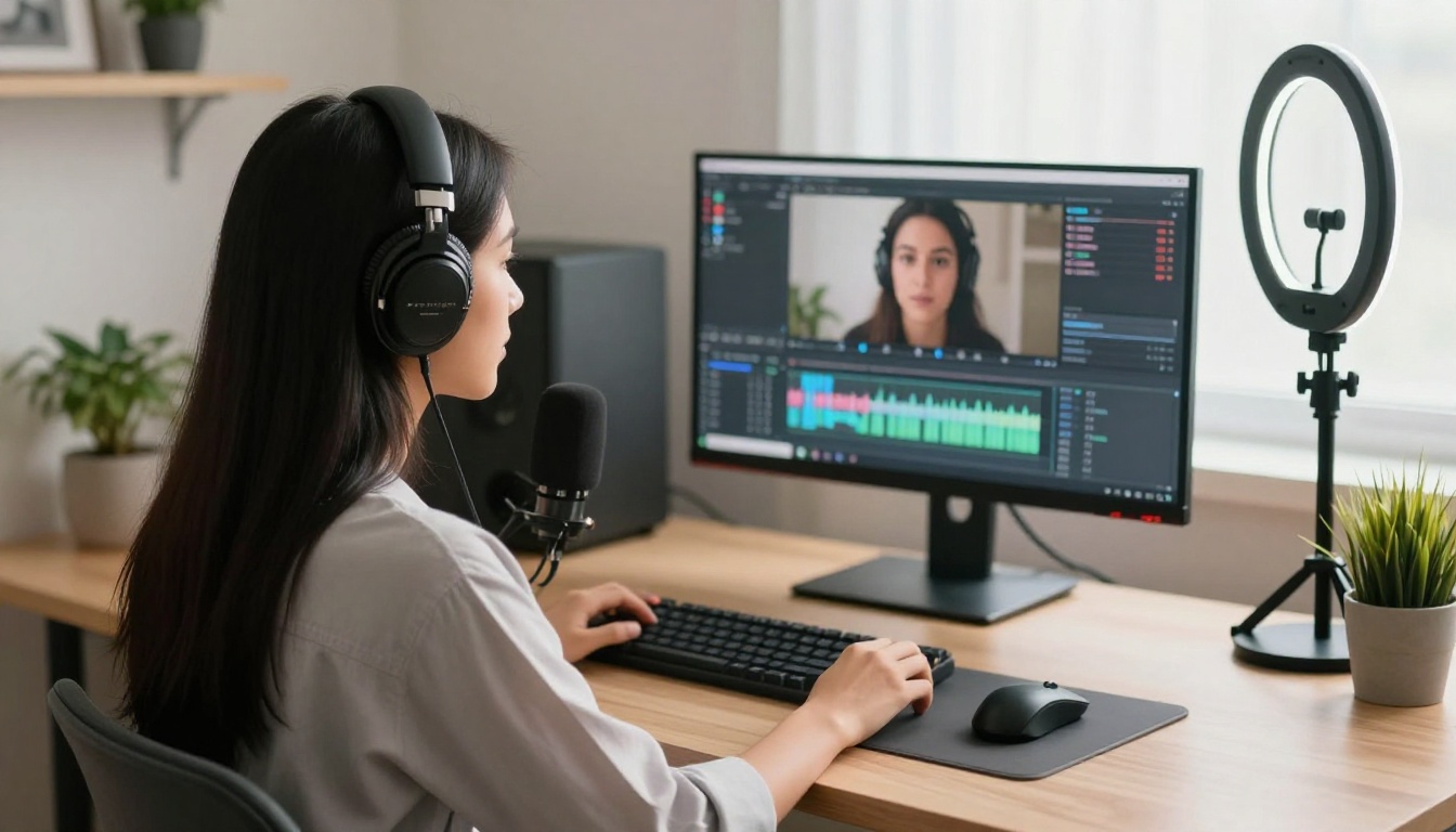 A young female YouTube content creator at an L-shaped desk with headphones and ring light, editing video content with an audio generation interface visible on a second monitor