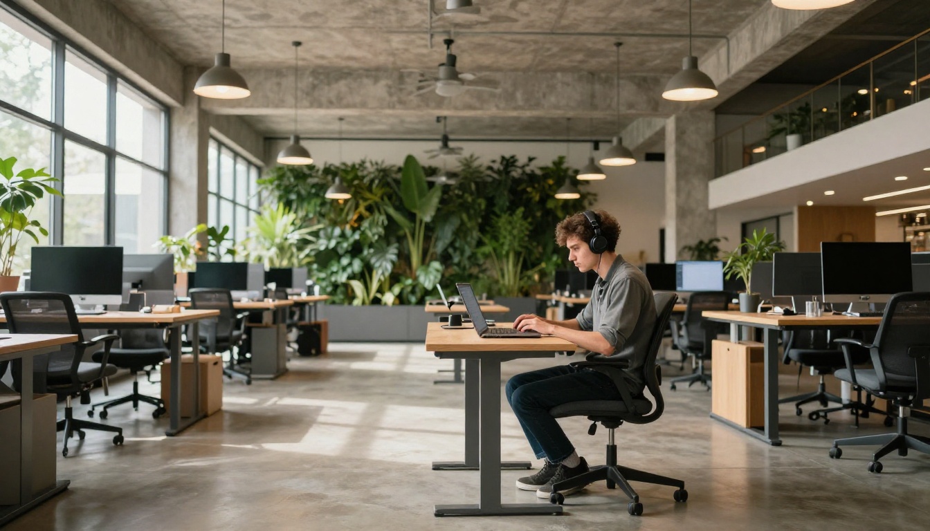 Wide shot of a modern creative co-working space with exposed concrete and industrial lighting, a solo person composing music on a laptop at a standing desk