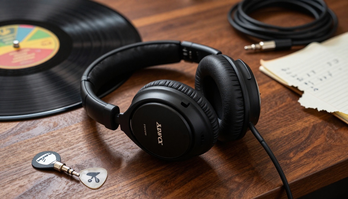 Professional studio headphones resting on a warm dark walnut wooden surface next to a vinyl record, guitar pick, and handwritten setlist, Rembrandt-style window lighting