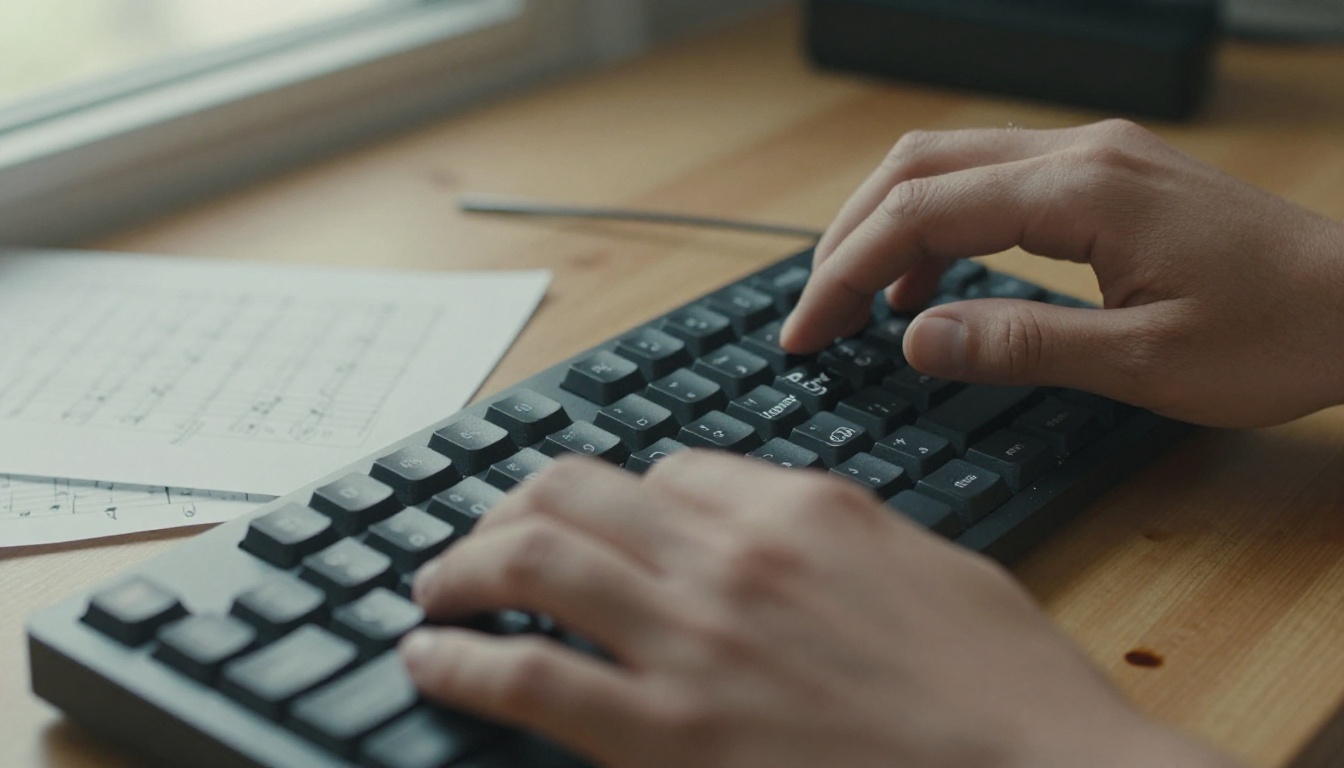 Hands typing a music generation text prompt on a mechanical keyboard, top-down view