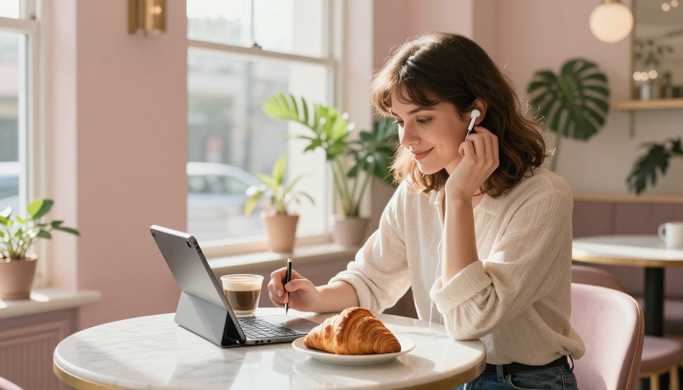 Small business owner listening to AI-generated jingle on a tablet in a sunlit café