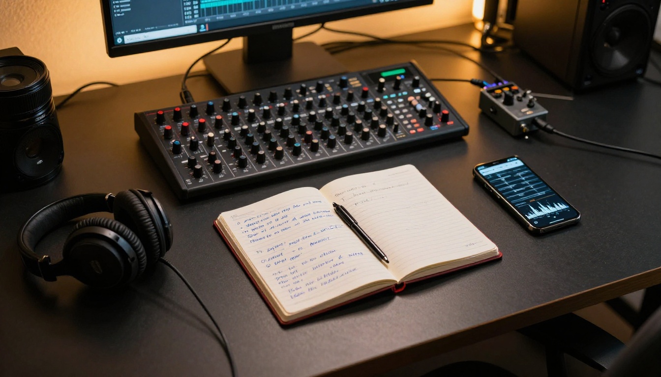 Top-down view of a sound engineer's desk with mixing board and handwritten lyrics
