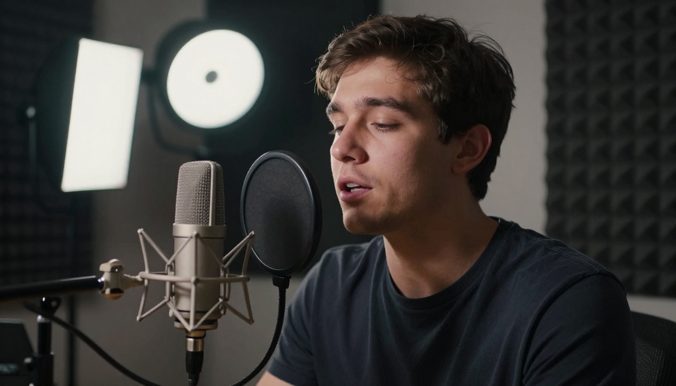 Young entrepreneur recording a voiceover in a compact home studio, microphone close-up