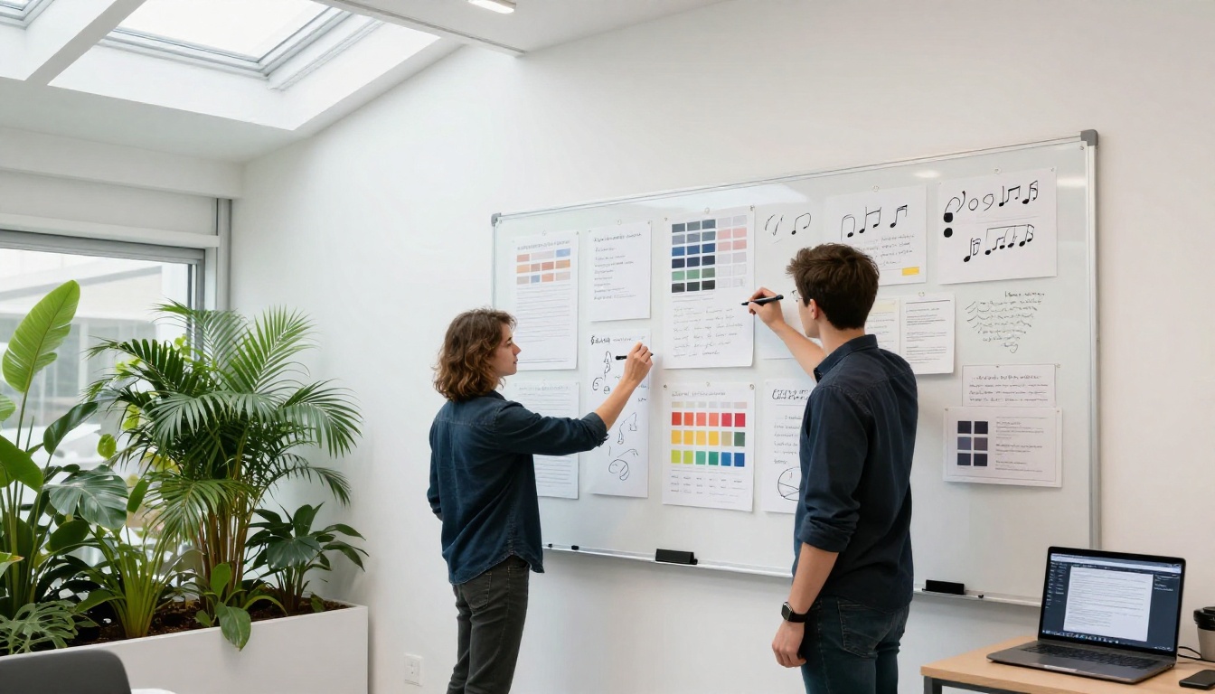 Two advertising creatives brainstorming with brand mood boards and music notes on a whiteboard