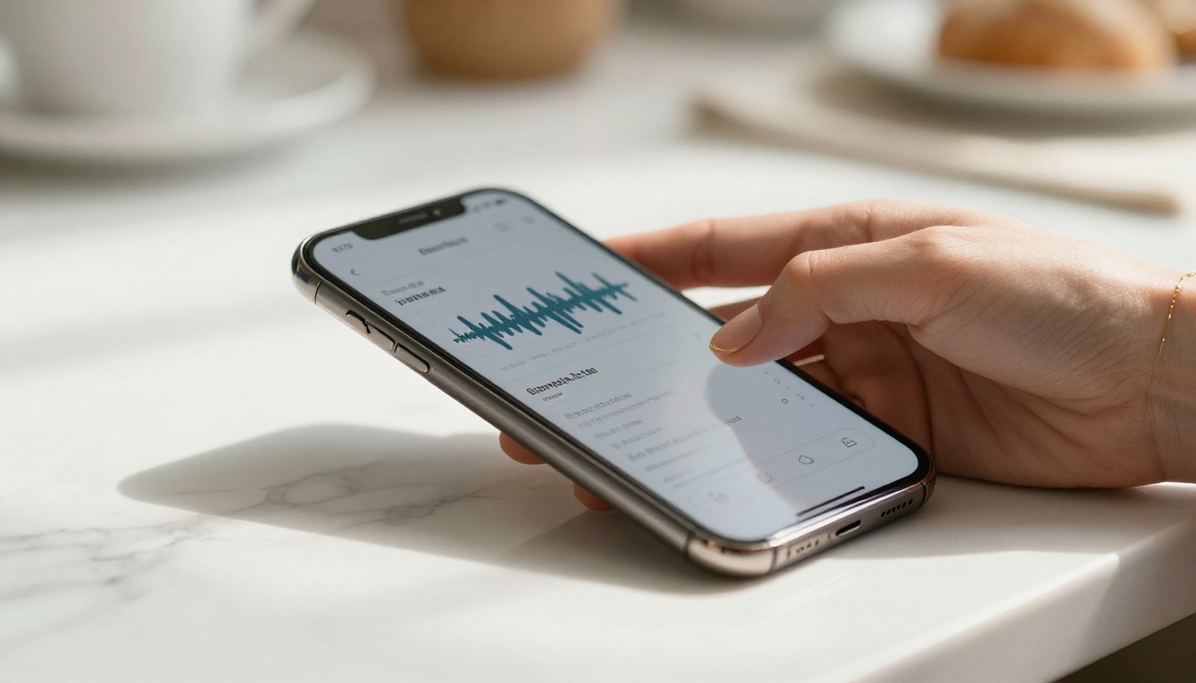 Woman holding smartphone displaying audio waveform on a marble countertop, close-up
