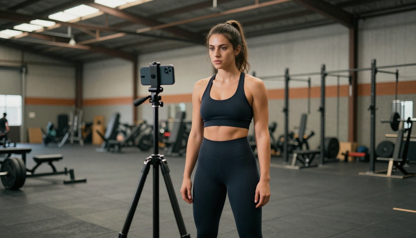 Athletic woman filming a fitness app promotional video in a warehouse-style gym