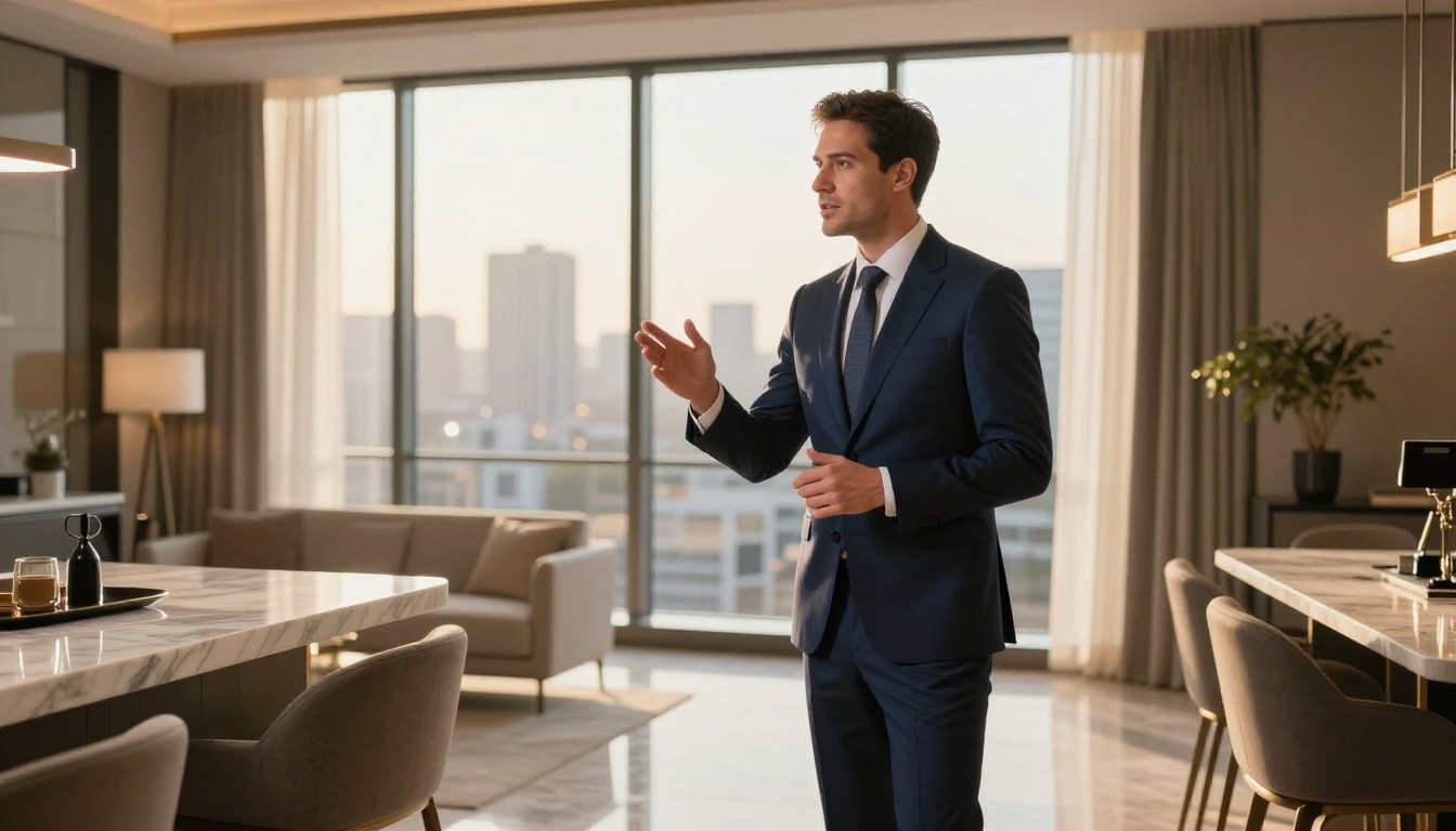 Real estate agent in a tailored suit filming a promotional video in a luxury apartment