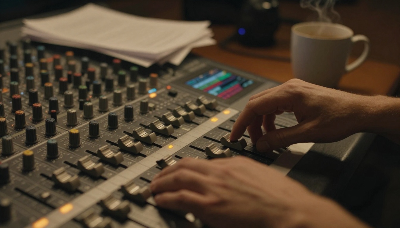 Filmmaker's hands working at a professional mixing board with warm amber tungsten studio lighting